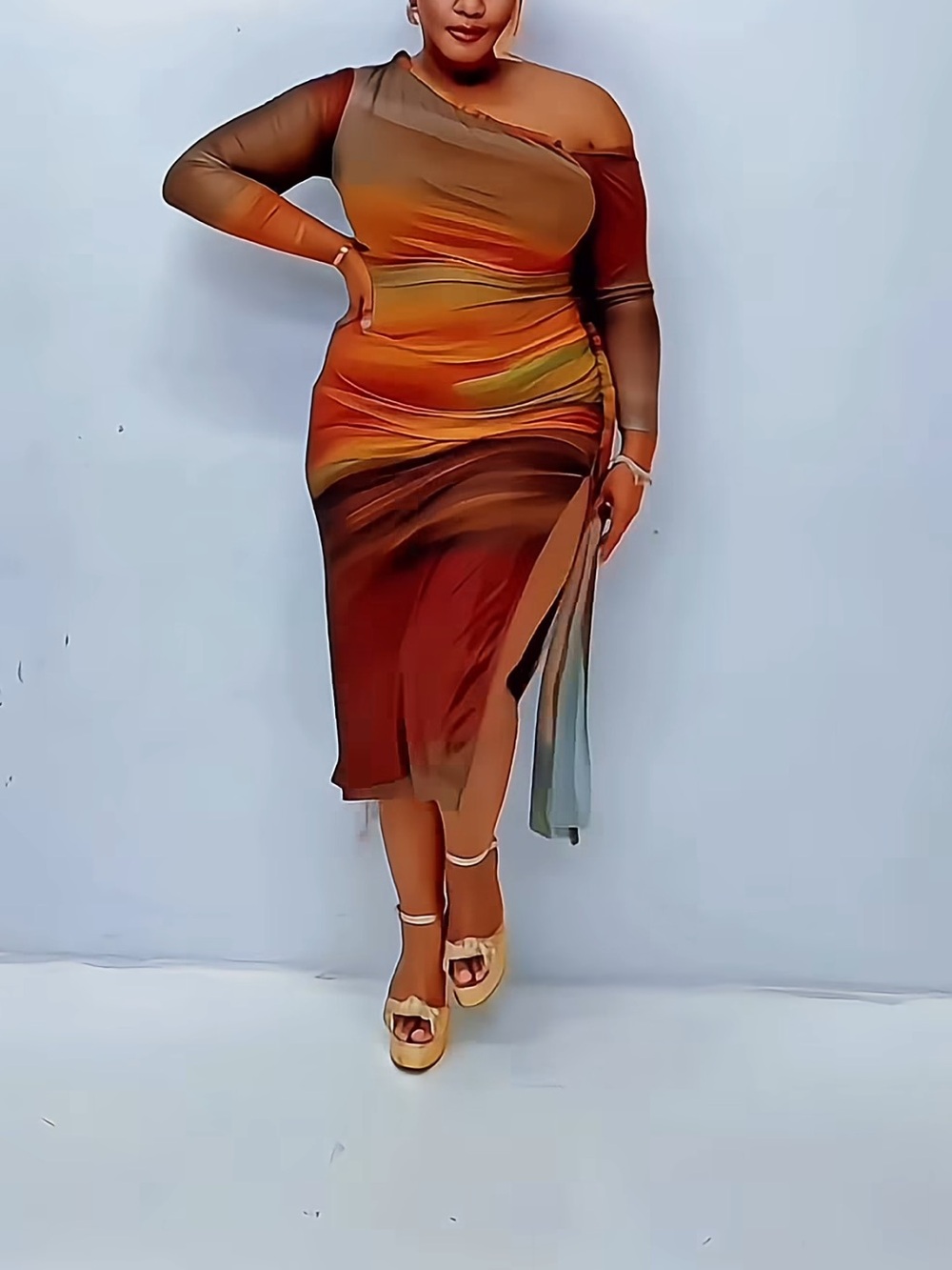 Micas One-Shoulder Midi Dress in Rust and Olive with Side Slit